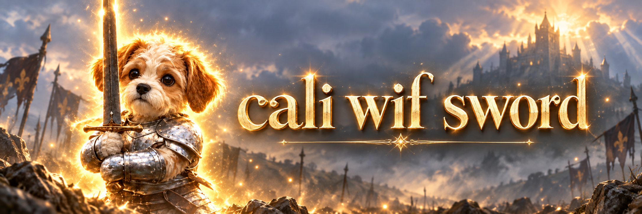 Cali in armor on a rocky ridge, castle glowing behind storm clouds, titled cali wif sword
